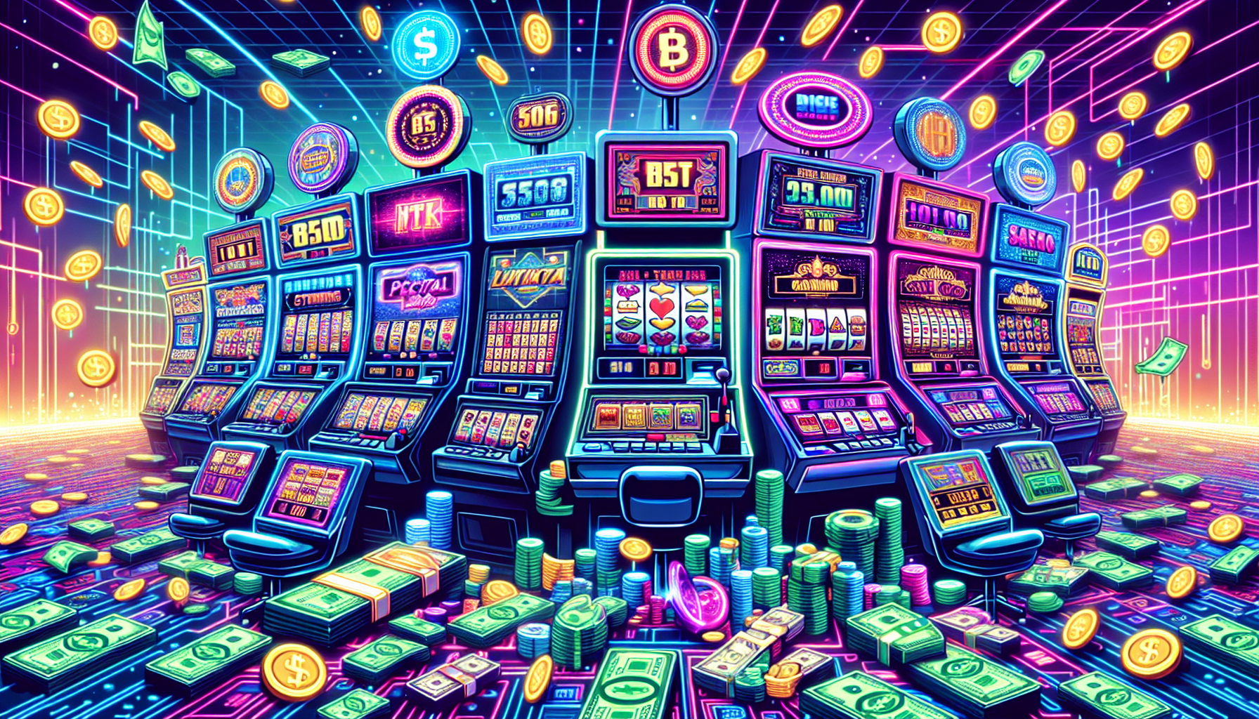 Create an image that showcases a vibrant, digital casino environment with a variety of online slot machines on display. Highlight some slot machines prominently, each with unique features such as high RTP percentages, progressive jackpot meters, and diverse themes ranging from classic casino imagery to modern, adventurous designs. Include a visual representation of a digital currency or money, emphasizing the real-money aspect. Use a colorful and engaging aesthetic to draw attention to the different slot machines and their distinct features.