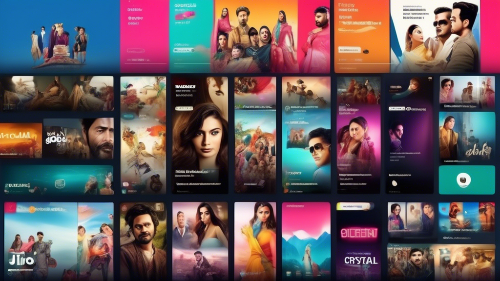 Create an image that showcases the diverse and high-quality content available on JioCinema. Picture a sleek, modern user interface brimming with colorful thumbnails of movies, TV series, and music videos. Show a mix of popular films, trending TV shows, and exclusive content, all in high definition. Highlight the technical quality with crystal-clear images and smooth, intuitive navigation. Include elements that represent exclusive collaborations, perhaps hinting at partnerships with well-known studios or unique shows only available on the platform. Emphasize the richness and variety that make JioCinema a standout streaming service.