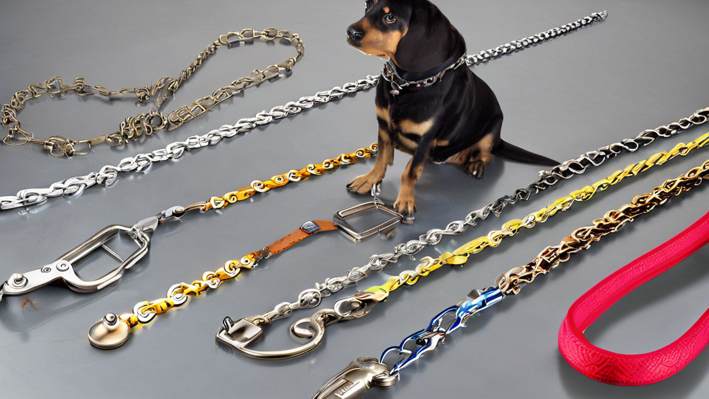 An image featuring a variety of dog chain leashes displayed neatly on a table, with labels highlighting differences in length, thickness, and metal quality (stainless steel vs. other metals). The background shows a caring dog owner selecting a leash while considering these factors. A close-up of a well-designed handle with a comfortable grip is also visible in the foreground.
