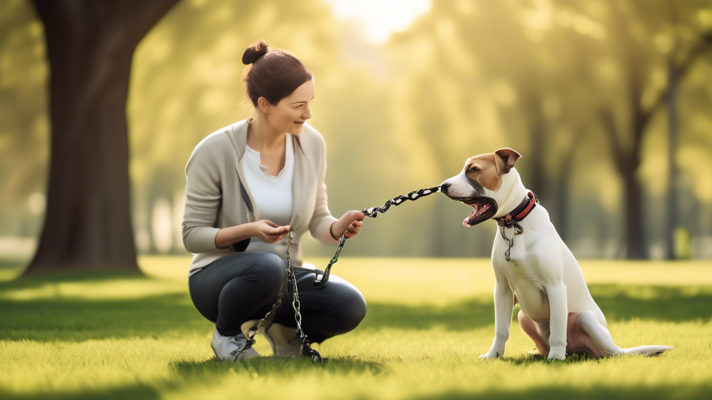Create an image of a dog training session outdoors in a park. The dog is being gradually introduced to a new chain leash. The trainer, appearing calm and patient, is holding the chain leash firmly but gently. The scene includes training tools, such as a collar and harness, to show the combination of methods. The background has trees, grass, and a clear sky, emphasizing a peaceful and supportive environment. The focus is on the interaction between the trainer and the dog, highlighting the dog