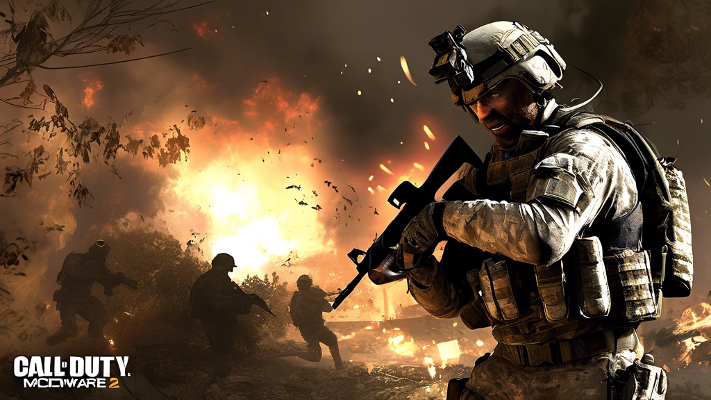 Create a DALL-E prompt that closely aligns with point #2 from the outline provided above:

Generate an action-packed scene from Call of Duty: Modern Warfare 2, emphasizing the high-definition graphics and visual enhancements available on PlayStation 4. The image should showcase realistic textures, dynamic lighting, and intricate details of an intense firefight. Highlight how the DualShock 4 controller is being used for precision aiming and immersive gameplay.