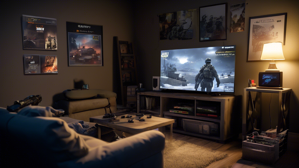 DALL-E Prompt: 

Create an image of a cozy gaming setup featuring a PlayStation 4 with Call of Duty: Modern Warfare 2 displayed on the screen. The focus should be on a clear, sharp display showing high-quality graphics. Include elements that suggest practical tips, such as marked-up game settings on the TV, post-it notes with strategies stuck around the gaming area, a clutter-free desk with a DualShock 4 controller, and a laptop open to a community forum for Modern Warfare 2. The overall vibe should be inviting and organized, emphasizing optimization and community support.