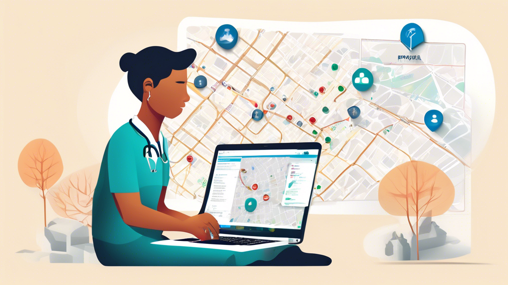 Create an image depicting a person using a laptop and a smartphone while searching for DOT physical medical examiners online. The screen of the laptop shows a map with multiple pinpoints indicating certified examiner locations, and the smartphone screen displays an open directory of medical professionals. Include a background with subtle transport-related elements, like a truck passing by a clinic, symbolizing the relevance to transportation and road safety.