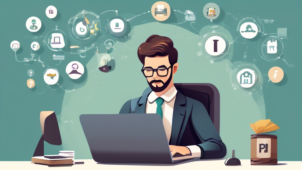 Create an image that features a person typing on a laptop with the search bar reading PI attorney near me. The background should show icons representing online directories, review websites, and social media channels. There should also be a smartphone on the desk displaying messages with friends and family recommended PI attorneys. The overall setting should convey a comfortable home office environment, illustrating the ease of finding a reputable PI attorney online and through personal recommendations.