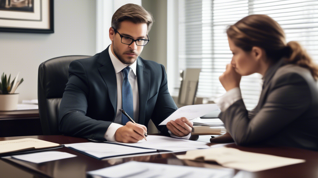 A close-up scene of a client sitting across a desk from a Personal Injury (PI) attorney in an elegant office. The attorney is attentively listening, taking notes on a legal pad. Legal books and certifications line the walls, adding to the professional atmosphere. A checklist of questions and a cost comparison chart are visible on the desk, illustrating a thorough evaluation process. The client appears engaged and confident, highlighting the importance of selecting the right attorney.