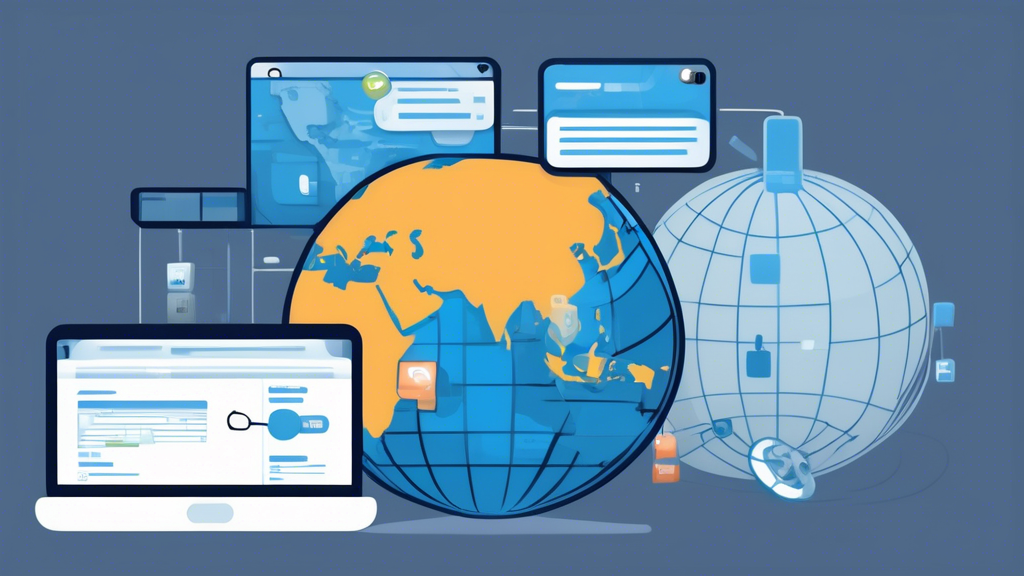 Create an image that illustrates the concept of using Proxy Servers to get around blocked sites. Visualize a computer screen displaying a web browser with a Blocked message, but overlaying it are icons and graphics depicting different proxy server options, such as a globe symbolizing the internet, server icons, and a selection menu for choosing proxies. Include a step-by-step guide or flow line showing easy steps to set up a proxy server in an abstract and user-friendly manner. The background should be light and modern, emphasizing simplicity and accessibility in bypassing restrictions through proxy servers.