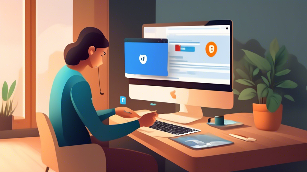 Create an image of a person using a laptop with browser extensions like Hola VPN or ZenMate visible on the screen. The setting is a cozy and modern home office, with a smartphone beside the laptop displaying mobile apps such as Psiphon or Turbo VPN. Display visual indicators such as padlocks being unlocked or restricted symbols fading away, symbolizing the bypassing of internet restrictions. Displays of extensions and apps should be prominent but not overly detailed to avoid specific branding.