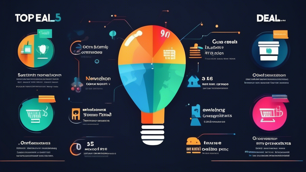 A vibrant infographic showcasing the top 5 Newshosting deals of the year. Each deal is represented by an icon of the respective Newshosting provider, along with a brief overview of their standout features. Comparisons should be visually depicted, such as bar charts or icons, highlighting advantages like speed, storage capacity, and price. Include customer satisfaction ratings with star symbols and brief analytical notes. The background should be tech-themed with a mix of server racks and digital network elements to evoke the essence of Newshosting.