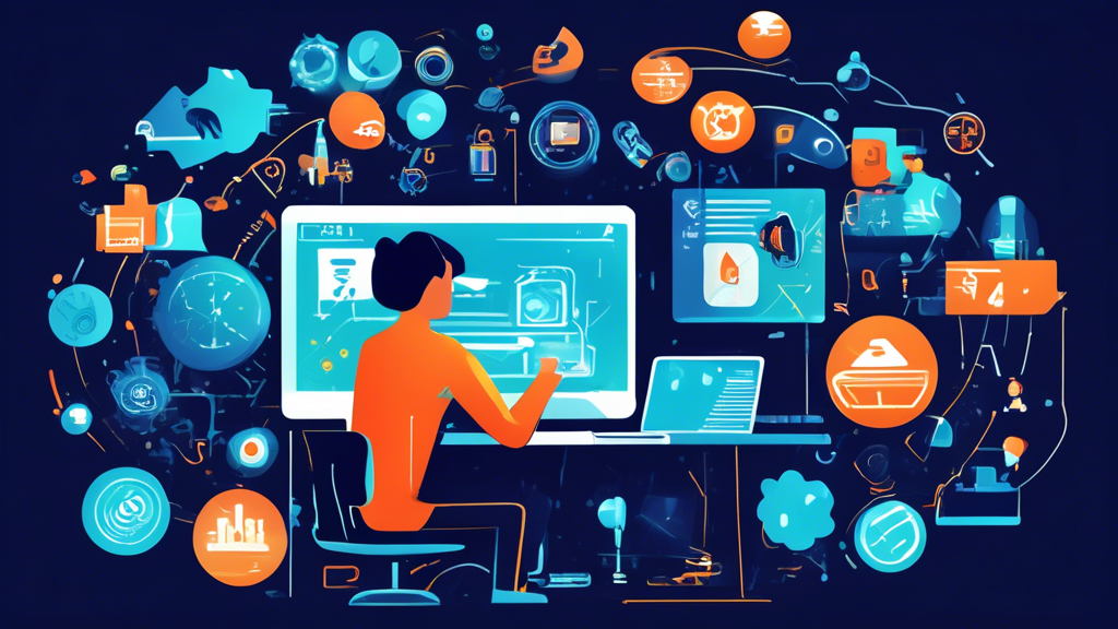 Create an image depicting a person working on a computer surrounded by various icons representing 