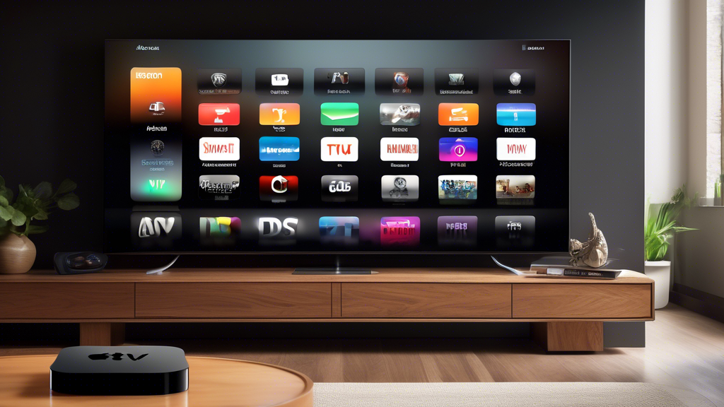 Create an image that showcases the top factors to consider when choosing the best Smart DNS for Apple TV. The scene should feature a modern living room with an Apple TV as the focal point. Highlight various icons or graphical elements around the Apple TV to represent: compatibility, speed and reliability, global coverage, access to popular streaming services, and ease of setup. The room should have a cozy and tech-savvy feel, with a person using a remote control and smiling at the seamless experience. Make sure to include subtle text labels or symbols next to each icon to emphasize the specific factors being mentioned.