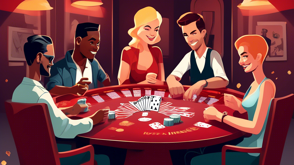 An illustrated guide showcasing essential strategies for winning at Zynga Poker. The image features a stylish poker table with players engaging in a game of Texas Hold