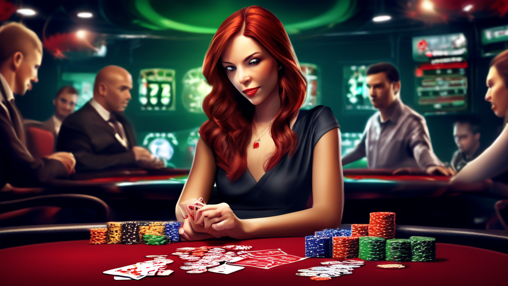 Create an image showcasing a strategic Zynga Poker game in action, highlighting advanced techniques such as pot odds and implied odds. Include visual elements like poker chips, cards, and expressions of concentration on the players