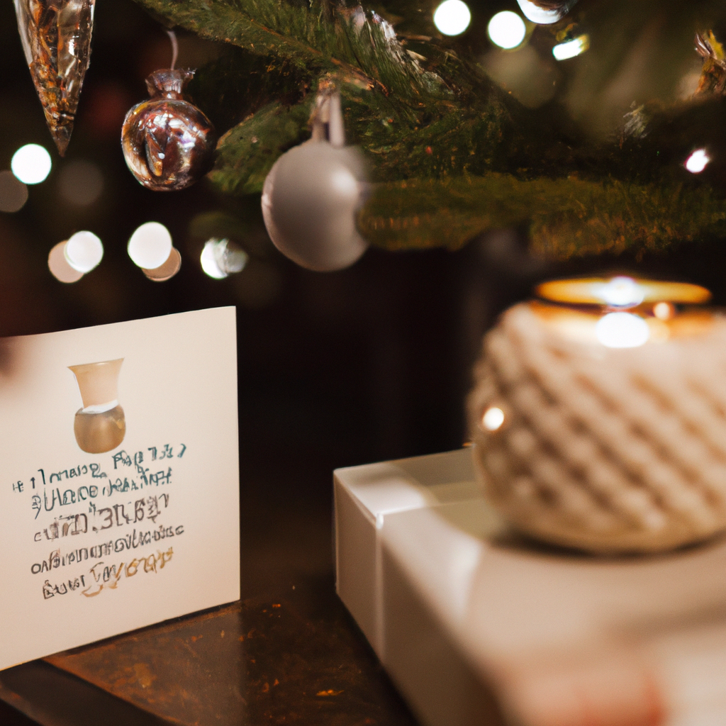 A beautifully wrapped Diptyque Christmas Candle nestled under a Christmas tree, surrounded by festive decorations and twinkling lights. In the background, a cozy fireplace glows warmly, and family members share gifts, embodying the joy and warmth of the holiday season. Testimonials and handwritten notes of gratitude from satisfied customers are scattered around, enhancing the scene of gifting and celebration.