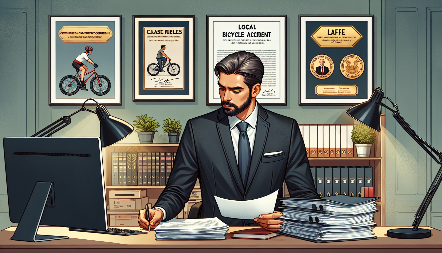 DALL-E prompt: Illustrate a professional and trustworthy Riverside bike accident lawyer in an office setting, reviewing legal documents related to bike accident cases. The lawyer is depicted with a focused expression, surrounded by stacks of case files and a computer displaying Riverside-specific traffic laws. In the background, there are visible client testimonial plaques and certificates highlighting the lawyer