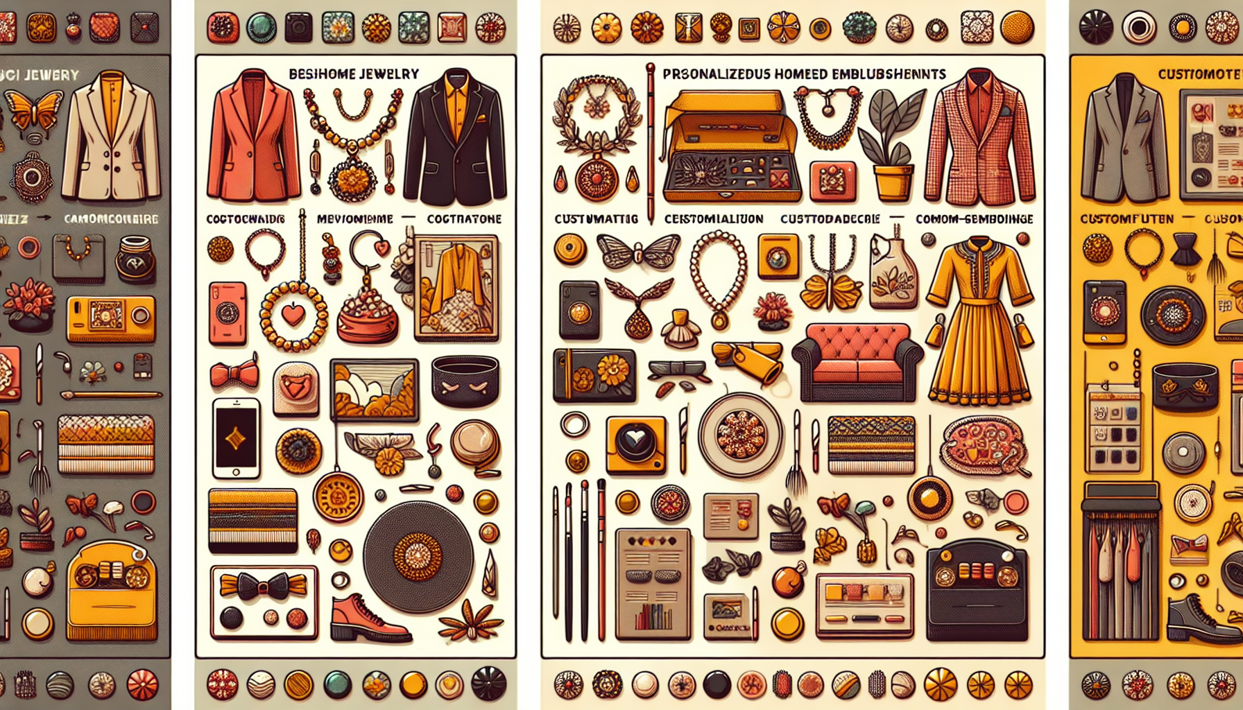 **DALL-E Prompt:** Create an intricate and visually appealing collage showcasing the top categories for unique customization on Etsy. Include vibrant examples of custom jewelry, personalized home decor, and tailored clothing items. Each category should be represented with standout product examples, highlighting their unique features. Incorporate a stylish and modern aesthetic, with a warm color palette that appeals to handmade craftsmanship. Add subtle text labels to each section to indicate the categories: Jewelry, Home Decor, and Clothing. The overall composition should inspire a sense of creativity and personalization.