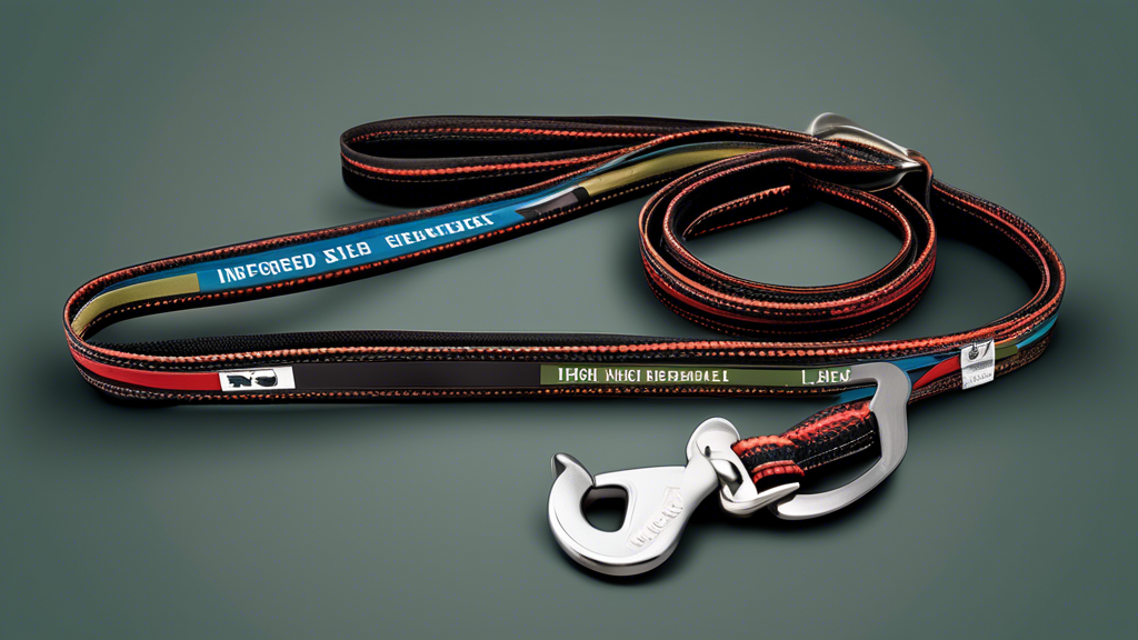 Create an image of an indestructible dog leash with detailed labels highlighting key features such as 