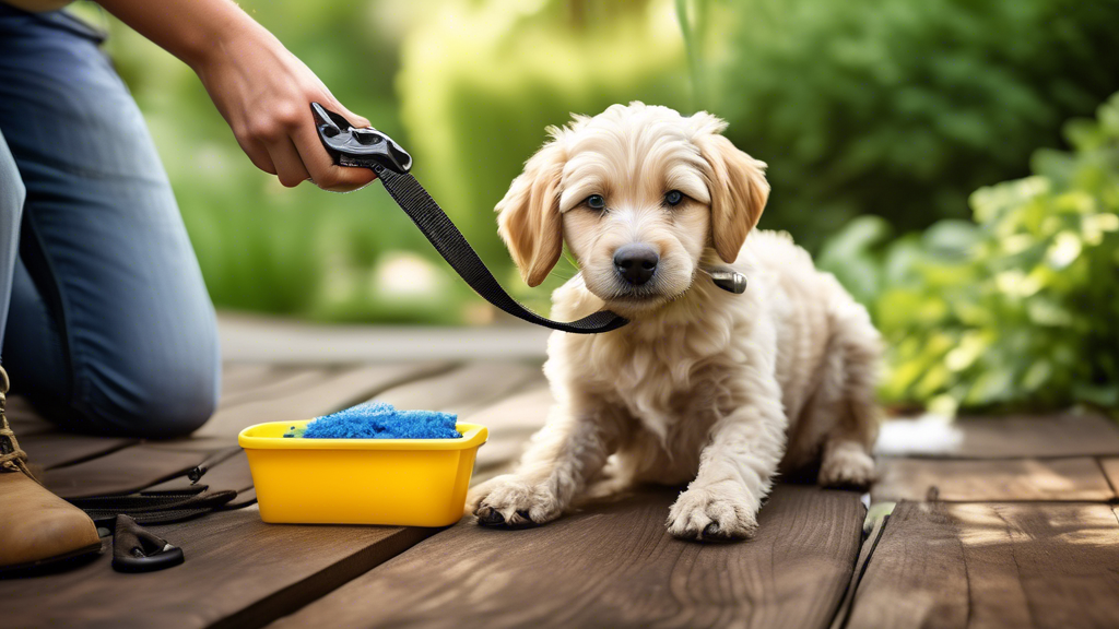 Create an image of a well-used and durable dog leash being carefully cleaned and maintained. Show hands scrubbing the leash with soap and water, using a brush to remove dirt. Include a neatly organized toolkit with cleaning supplies and tools for maintenance. The background should depict an outdoor setting with greenery to imply regular usage. The scene should emphasize the care and attention given to preserving the quality and longevity of the dog leash.