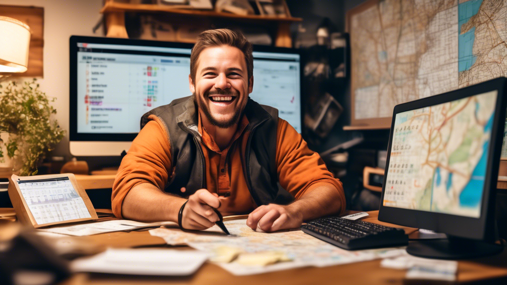 Create an image of a happy truck driver sitting at a computer in a cozy home office, surrounded by maps and road signs. The computer screen shows a search engine page with the keywords cheap CDL physical near me highlighted. The background features a calendar with marked dates and a stack of money saved, signifying cost-effective planning. The overall atmosphere should be casual and inviting, echoing the ease of finding affordable CDL physicals through online resources.