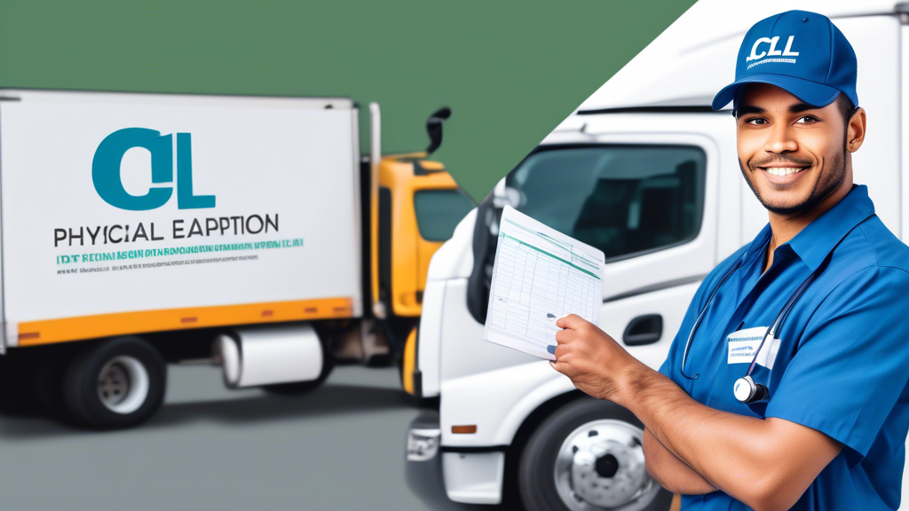 Create an image of a professionally dressed truck driver standing in front of a clinic. The driver is holding a neatly organized folder with a checklist on top marked CDL Physical Preparation. The clinic sign reads CDL Physical Exams Here and has a banner stating Affordable Rates! In the background, show a pharmacy and a Stethoscope icon to signify medical preparation. The overall atmosphere should be inviting and informative, capturing the sense of readiness and organization for a CDL physical exam. Include the keyword cheap cdl physical near me subtly incorporated in a corner of the clinic sign.