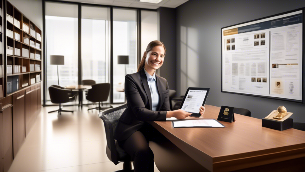 Create an image of a professional office setting where a confident lawyer is seated at a desk, displaying various awards and certifications on the wall. Nearby, a satisfied client stands, shaking hands with the lawyer. The desk has a tablet showing a website page with client testimonials and reviews. A transparency of legal documents showing fee structures can be subtly visible on the desktop monitor. Text overlays like Top Qualities to Look For in a Lawyer and Client Testimonials & Transparent Fees can be included in a stylish, professional font.