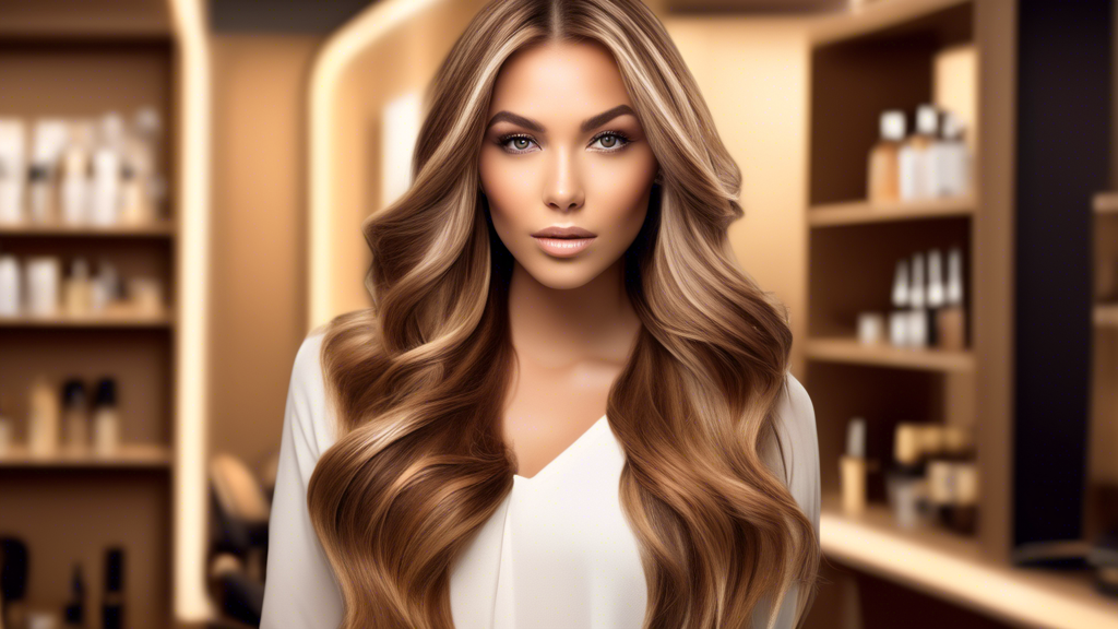 Create an image featuring a young woman with luscious brown base hair adorned with trendy highlights. The highlights include shades of caramel, honey, and ash blonde, beautifully woven through her hair. The background is a modern salon, showcasing an array of hair color products and tools. The woman looks stylish and confident, emanating a sense of personalized fashion and current seasonal trends. The image captures how the highlighted hair complements her natural undertones and unique personal style, aligning perfectly with the diverse highlight shades for brown base hair.