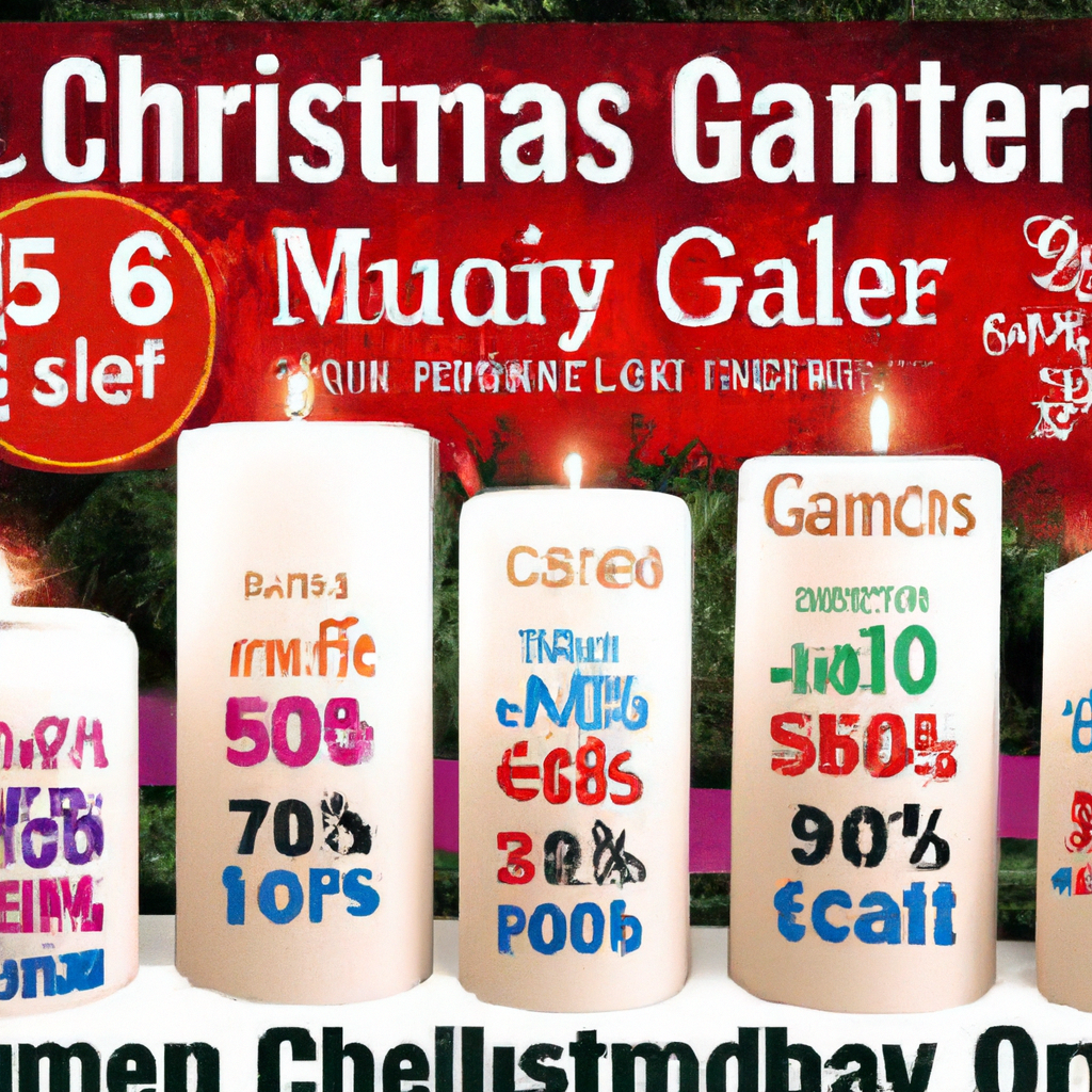 Prompt: Create an image that showcases a variety of Christmas candles on sale in a festive holiday setting. The scene should include a beautifully decorated store display with Unbeatable Discounts and Limited-Time Offers signs prominently featured. Highlight different styles of Christmas candles—traditional and modern designs—in vibrant colors. Include a Maximize Your Savings banner to emphasize the incredible deals available. The atmosphere should feel warm and inviting, with a festive winter holiday background. Use keywords: christmas candles on sale.
