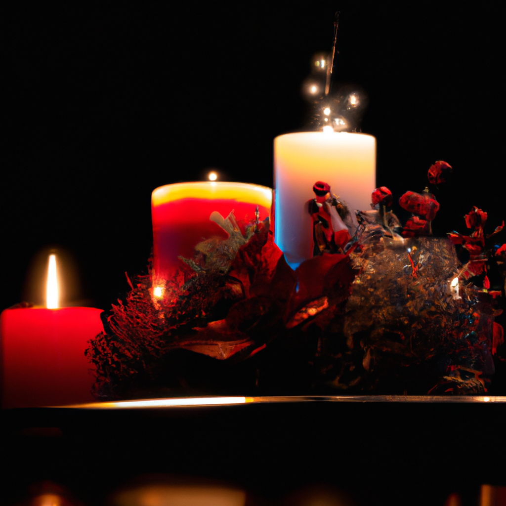 Create an image that captures a cozy and festive holiday setting with a variety of beautifully decorated Christmas candles. The scene should feature creative candle arrangements on a mantelpiece, dining table, and window sills, illuminating the room with a warm, inviting glow. Include safety tips prominently displayed on tags or signs near the candles, and showcase elements that evoke a joyful, celebratory atmosphere, such as holly, ribbons, ornaments, and twinkling lights.

Keyword: christmas candles on sale.