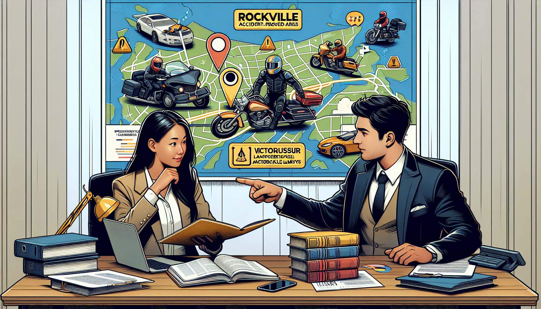 DALL-E prompt: Illustrate a professional, focused meeting between a potential client and a Rockville motorcycle accidents lawyer in an office setting. The lawyer is showing a map of Rockville highlighting accident hotspots, demonstrating their deep local knowledge. Both individuals are engaged in a serious conversation, with visible notes and case files related to motorcycle laws spread across the desk. The setting includes legal books, certificates of specialization in motorcycle law, and a computer screen displaying successful case statistics. Emphasize the lawyer