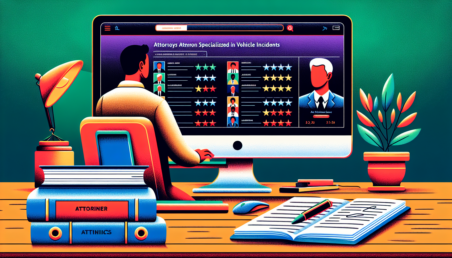 An image of a person browsing through an online directory of lawyers on a computer, with a focus on a webpage listing Rockville motorcycle accidents lawyers. The screen displays various lawyer profiles with star ratings and client reviews visible. On the desk next to the computer, there