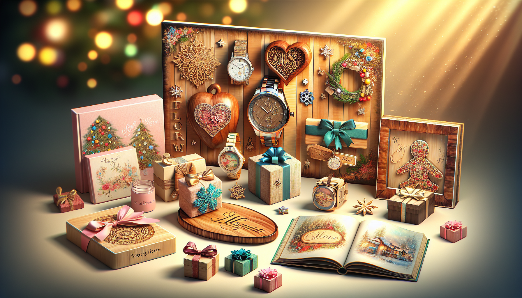 Create an image showcasing a beautifully arranged display of ten unique personalized gifts suited for various occasions. Include items such as a custom-engraved wooden watch for birthdays, a monogrammed cutting board for weddings, a holiday-themed photo frame with festive decorations, and a personalized storybook for children. Emphasize the creativity and thoughtfulness behind each gift, highlighting their unique features like shiny engravings, vibrant colors, and heartfelt messages. The background should be softly blurred to keep the focus on the gifts while conveying a warm, celebratory atmosphere.