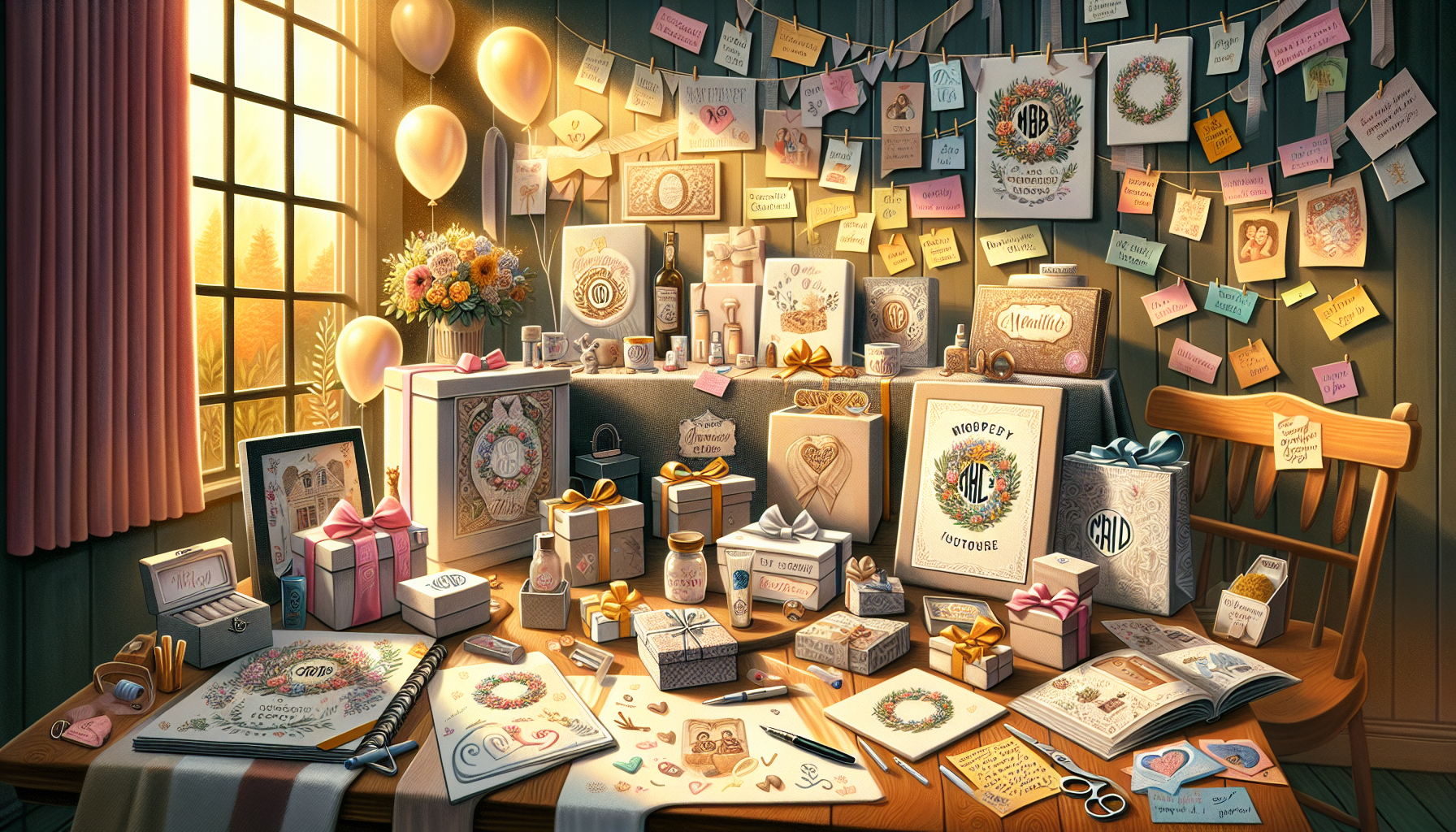 **DALL-E Prompt:** An artistic display of various unique personalized gifts, showcasing a range of items such as custom-engraved jewelry, monogrammed home decor, and personalized photo albums. The scene includes a cozy gift-wrapping station with ribbons and wrapping paper, surrounded by post-it notes with handwritten thoughts on recipients