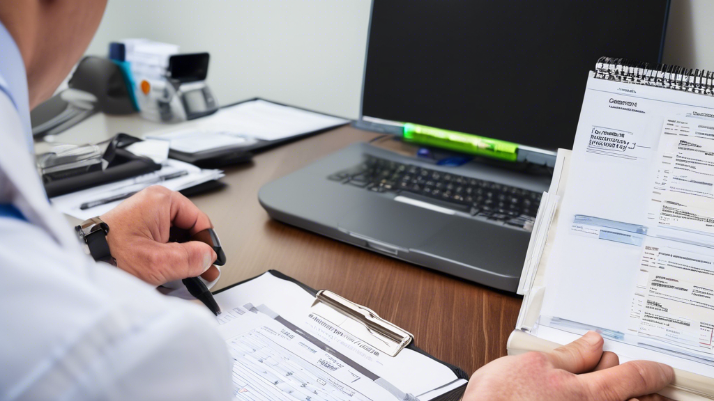 A well-organized desk with a neatly arranged set of documents and forms labelled Required Documentation for the CDL Medical Test. Next to the documents, a calendar is marked with an upcoming appointment date and a checklist titled Eligibility Criteria. In the background, a person is reviewing the CDL Medical Test guidelines on a computer screen, highlighting the preparation and anticipation before the medical examination. Labels and text elements should be minimal, focusing on the visual representation of preparation steps.