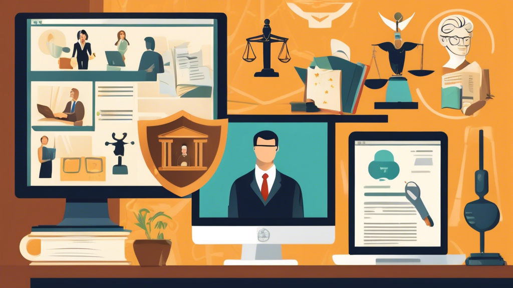 Create an image depicting an individual researching personal lawyers on a computer and smartphone. The screen shows online directories, client reviews, and legal association websites. Surrounding the main character are symbols representing legal services, such as a gavel, scales of justice, and law books, to emphasize the thorough research process. The setting should indicate a modern home office environment, with a focus on clarity and organization.