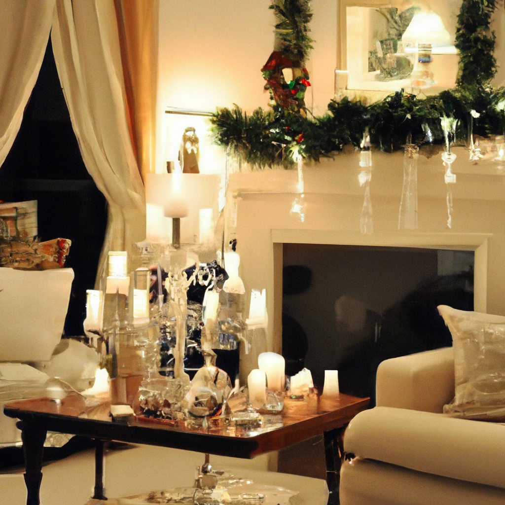 A cozy living room adorned with elegant holiday decor, featuring a beautifully styled Jo Malone Christmas Candle. The candle is placed on a decorated mantlepiece, surrounded by festive garlands, twinkling fairy lights, and classic Christmas ornaments. The soft glow from the candle creates a warm and inviting ambiance, perfectly blending with the holiday decorations for a cohesive and sophisticated festive look.