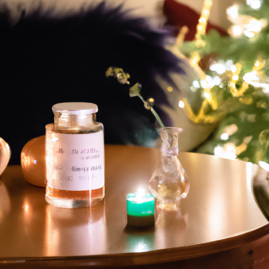 Photorealistic image of a cozy living room featuring a lit Jo Malone Christmas candle on a coffee table. The candle is surrounded by festive holiday decorations like garlands, ornaments, and twinkling fairy lights. A guide on candle care tips and a small bottle of Jo Malone room spray are placed nearby, illustrating best practices for maximizing the scent and longevity of the candle. In the background, a decorated Christmas tree adds to the festive ambiance. The overall scene should evoke a sense of warmth, luxury, and holiday cheer.