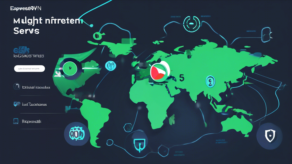 Create an image that visually represents the value of ExpressVPN: A high-tech scene featuring multiple servers located around the globe, with a speedometer showing high internet speeds, and icons symbolizing advanced security features and privacy protection. The background can include a sleek digital world map highlighting server locations, and a prominent text overlay saying Preis-Leistungs-Verhältnis von ExpressVPN.
