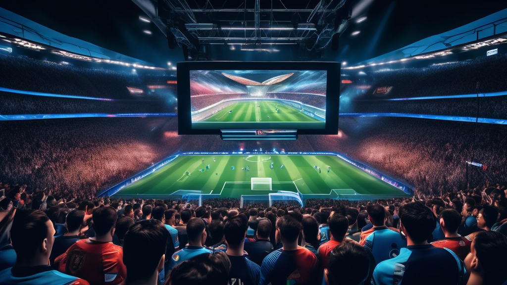 A professional and dynamic scene showcasing a packed stadium with cheering fans, large screens displaying gameplay, and players intensely focused on their esports FIFA matches. The image should feature banners and logos of major sponsors and partners prominently placed around the venue. Include a digital scoreboard reflecting ongoing tournament results, and stats or infographics indicating rising viewer numbers and participation rates. Ensure the atmosphere is electrifying and the environment reflects the grand scale and influence of major FIFA esports tournaments like the FIFA eWorld Cup.