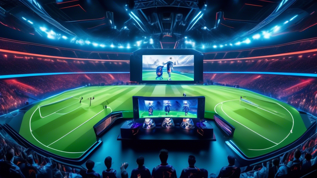 Create an image that shows a futuristic stadium filled with virtual and augmented reality elements, where professional players are competing in an intense FIFA esports match. Include holographic fans cheering, advanced gaming rigs, and an immersive digital scoreboard displaying real-time game statistics. The backdrop should showcase glimpses of traditional sports elements merging with high-tech gaming innovations, symbolizing the influence of esports FIFA on both worlds. Keywords to include: esports FIFA, future of competitive gaming, virtual reality.