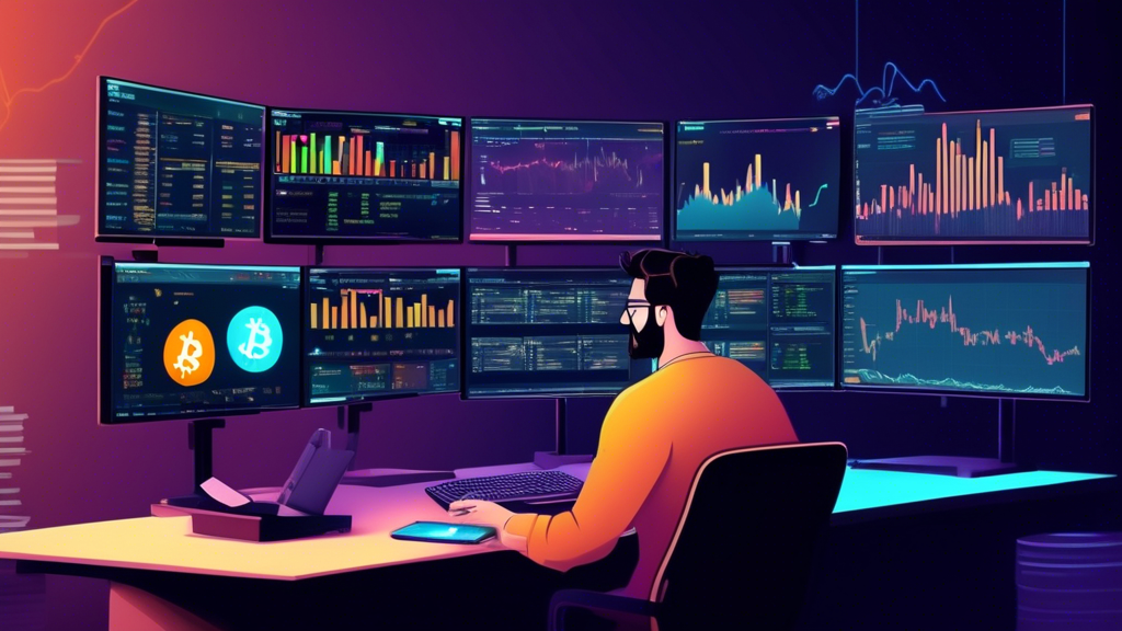 Create an image of a novice cryptocurrency trader sitting at a desk, with multiple screens showing various trading platforms and cryptocurrency graphs. The background should include a bookshelf filled with books on finance and trading. The trader is seen creating an account on one screen, while security settings are being configured on another. There