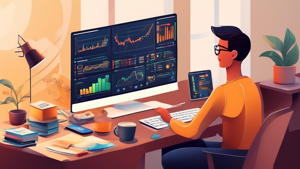 Create an illustration showcasing various tips and best practices for successful coin trading. The scene should include a person at a computer, surrounded by educational books and online courses about cryptocurrency trading. There should also be charts and graphs on the computer screen displaying market trends, as well as visual elements representing risk management such as diversified portfolios and exit strategies. Additionally, depict common pitfalls with visual warnings or symbols to indicate what beginners should avoid. The overall setting should portray a blend of analytical focus and educational commitment in the realm of coin trading.