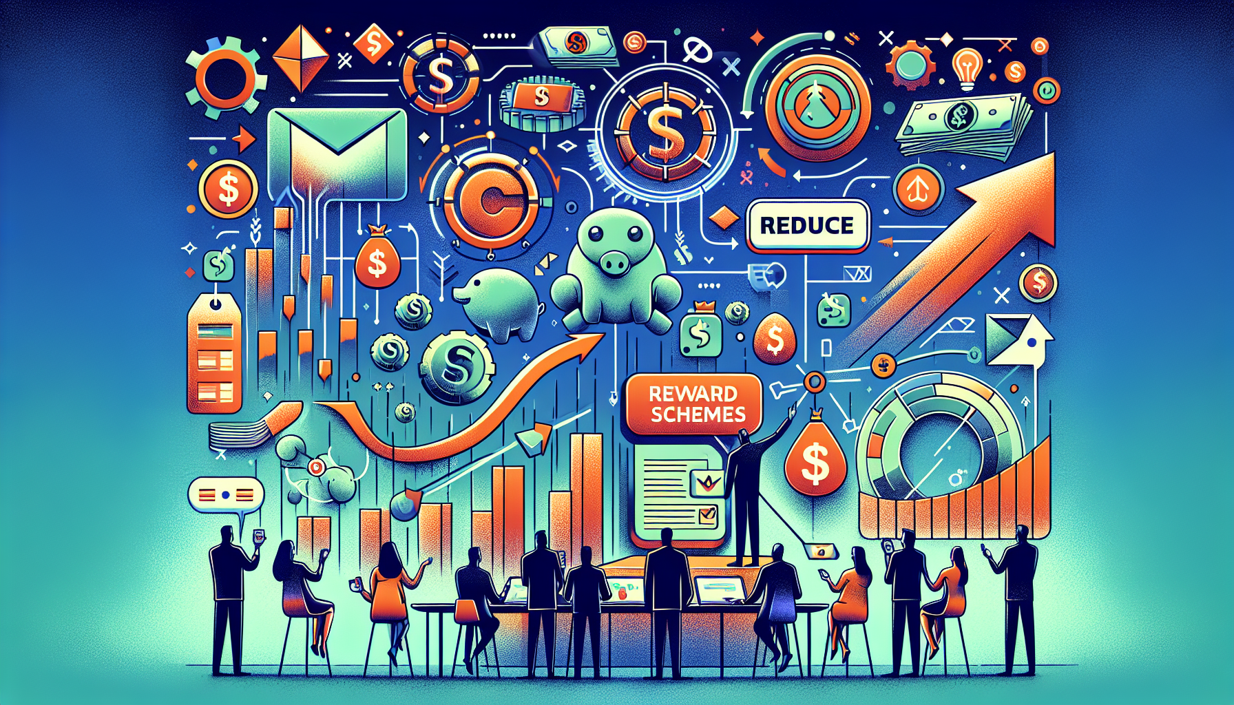 Create an image illustrating creative and practical ways to minimize trading fees on the FTX platform. The image should include visual representations of bonus programs, discounts, and various tips and life hacks for effective use of the platform. Incorporate elements like charts, symbols of discounts, coins, and a friendly guide figure showing these strategies. Use a modern and clear design to make it informative and engaging. Text overlay should include keywords like FTX Fees, Minimize, Bonus Programs, Discounts, and Tips.