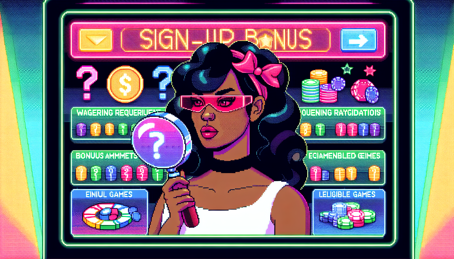 Create a DALL-E prompt that requests an image based on the second point of the outline:

Generate a detailed illustration of a savvy casino player examining various casino sign-up bonus offers. The image should highlight key elements like 