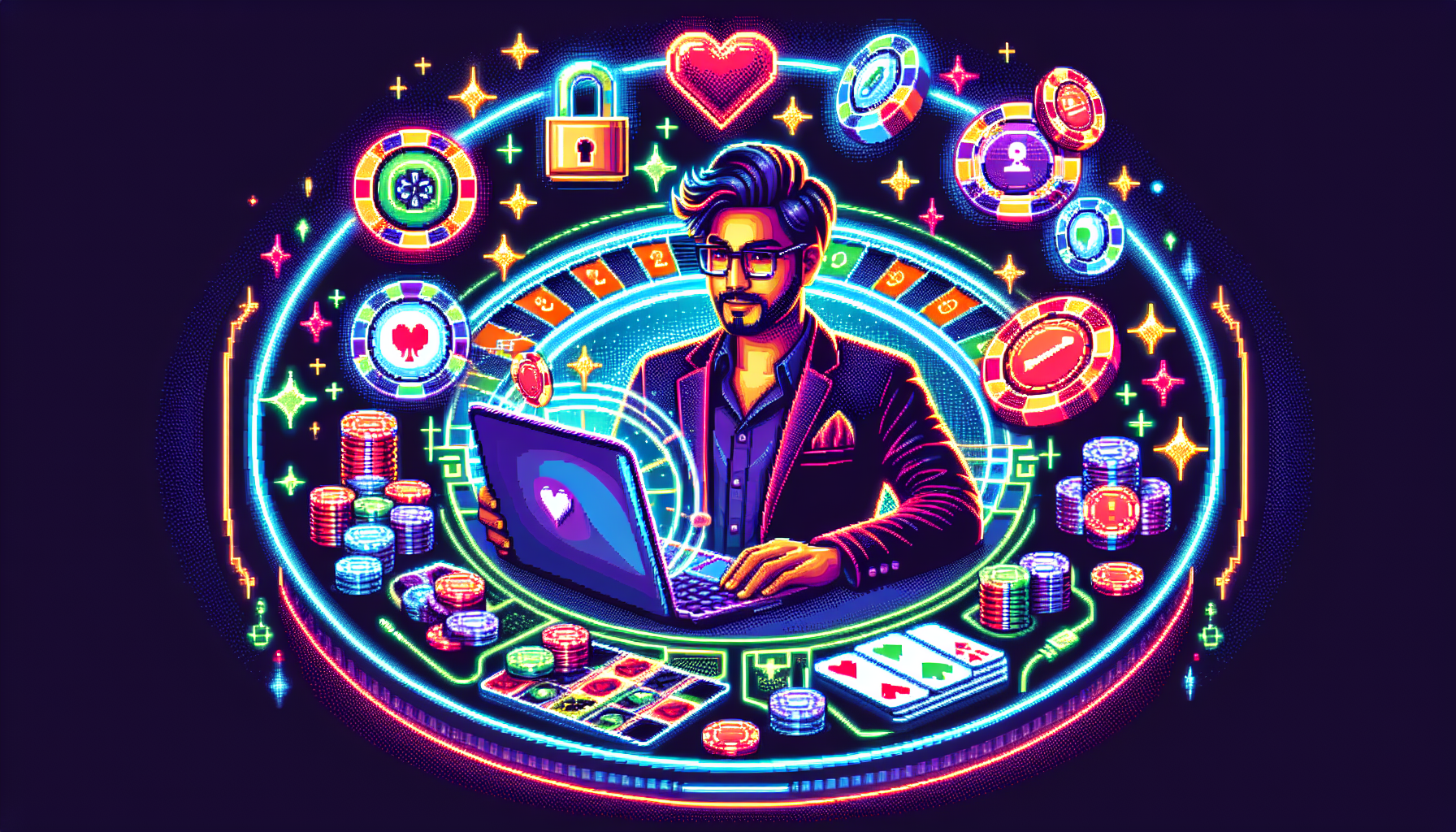 Create an image that depicts a confident online casino player using a laptop with casino-themed icons floating around them, such as poker chips, playing cards, and slot machines. The player should be surrounded by eye-catching visuals that include elements like Maximum Profit and Safe Strategies in a sleek, modern design. Highlight the theme of Smart Betting and Avoiding Scams by incorporating subtle symbols of safety and strategy, like a locked padlock and a chessboard, to emphasize the tips and strategies for maximizing the casino sign up bonus.