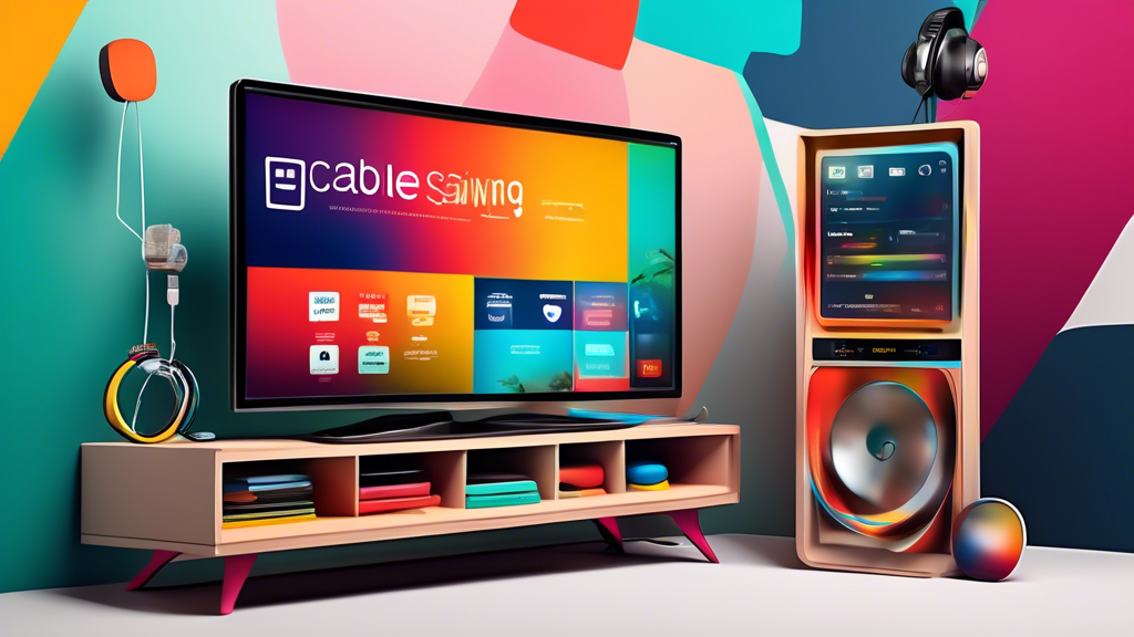 Create an image showcasing the main features of the best cable streaming service: a vibrant TV screen displaying an extensive selection of channels and premium options, user-friendly interface on a sleek remote and smartphone, high-quality streaming with clear, vivid visuals, and a customer service representative with a headset, ready to assist.