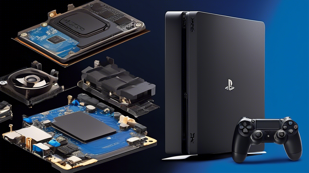 Create a detailed and vibrant illustration depicting the internal components and performance specs of the PlayStation 4 Slim 500GB. Highlight the powerful CPU and GPU capabilities, the 500GB hard drive for storage solutions, and the efficient cooling system. Include annotations and labels to identify these key features. The overall design should evoke a sense of advanced technology and sleek efficiency.