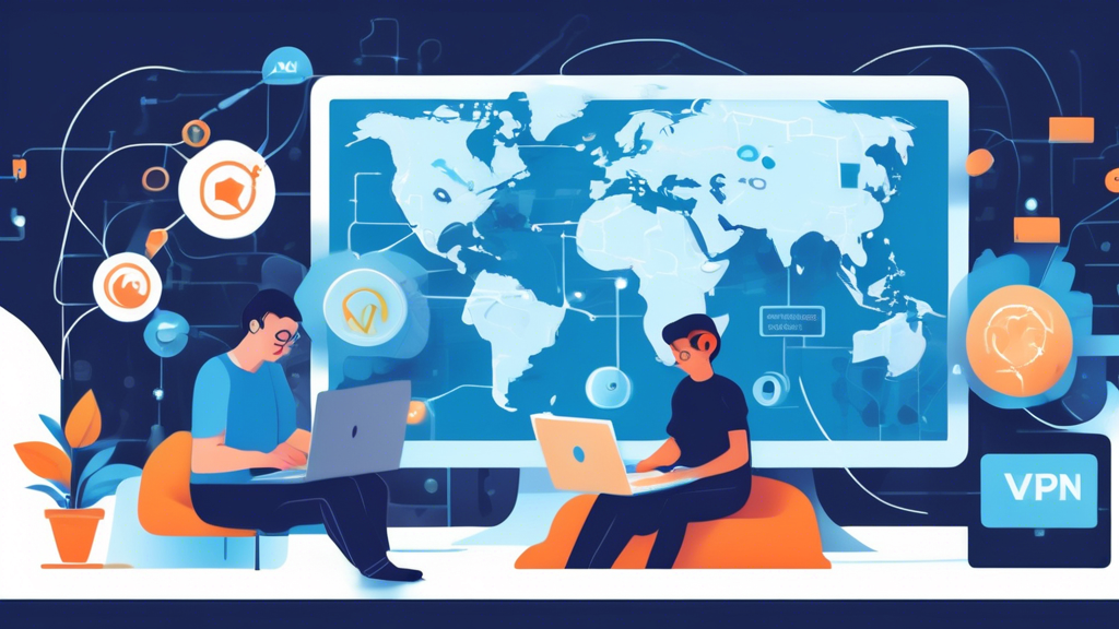 Create an image that visually represents various methods to unblock sites online. In the center, show an internet user using a laptop looking at a blocked website screen. Around this central figure, depict icons or small scenes illustrating key unblocking methods: a secure VPN shield, a globe with connected nodes representing a proxy server, a browser window with an active extension icon, and a DNS server. Use a modern and clean digital art style, and ensure the image conveys ease of use and connectivity.