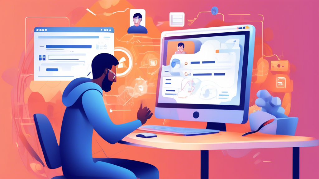 Create an illustration of a user troubleshooting common issues while trying to unblock websites online. The scene should show a person sitting at a computer, looking frustrated with error messages and warnings on the screen. Surround the user with icons representing different troubleshooting elements like a VPN, proxy server, browser extension, and Smart DNS, along with checkmarks and warning signs. The background should include hints of both lock and shield symbols to represent security and privacy concerns.