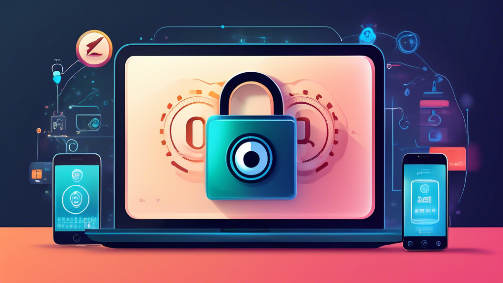 Create an eye-catching digital illustration showcasing the three essential features of the best VPN applications. Include a padlock to represent Security and Encryption, a friendly user interface on a screen to symbolize Ease of Use, and multiple devices (such as a smartphone, laptop, and tablet) with speedometer icons to illustrate Compatibility and Performance. The background should be a blend of modern and technological elements, highlighting the importance of these features in choosing the best VPN app. Use a Spanish label for each feature: Seguridad y Cifrado, Facilidad de Uso, and Compatibilidad y Rendimiento.