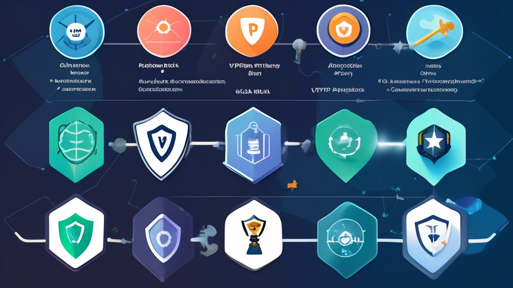 Create an image illustrating a comparative analysis of the best VPN apps in the market:

A high-tech digital comparison chart showing the top-rated VPN applications, with icons of popular VPN services, different columns detailing features, prices, and user reviews. The scene includes graphs, star ratings, and expert recommendations. Background elements like padlocks, shields, and global connectivity symbols enhance the theme of privacy and security.