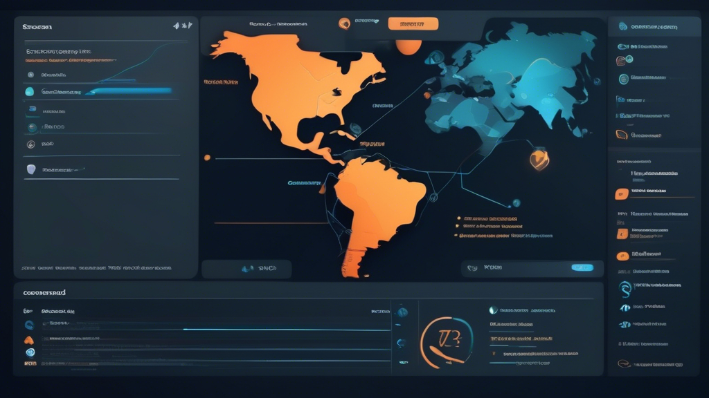 Create an image of a computer screen displaying a user interface for Smart DNS Proxy VPN. The interface should show a clear, user-friendly dashboard where users can easily set up their connection, select servers and locations from a global map, and access a settings menu for optimizing performance and security. The screen can include icons or indicators for speed, security, and connection status. Surrounding the laptop or device, place visual elements like a globe, locks, and speed symbols to symbolize geo-unblocking, security, and performance.